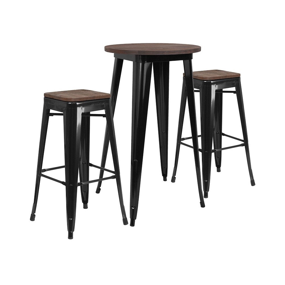 24" Round Black Metal Bar Table Set with Wood Top and 2 Backless Stools 24" Round Black Metal Bar Table Set with Wood Top and 2 Backless Stools