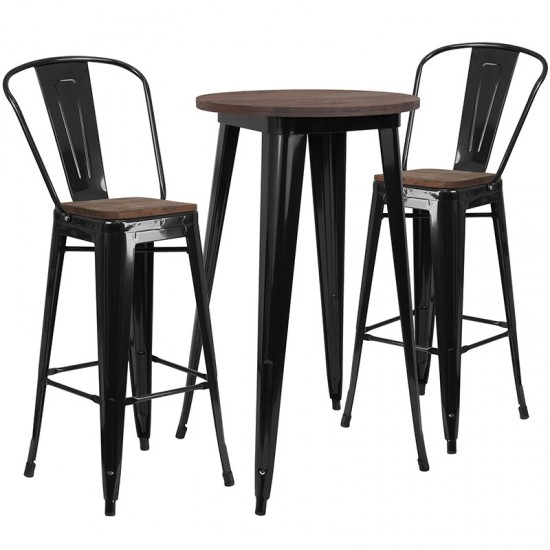 24" Round Black Metal Bar Table Set with Wood Top and 2 Stools