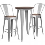 24" Round Silver Metal Bar Table Set with Wood Top and 2 Stools