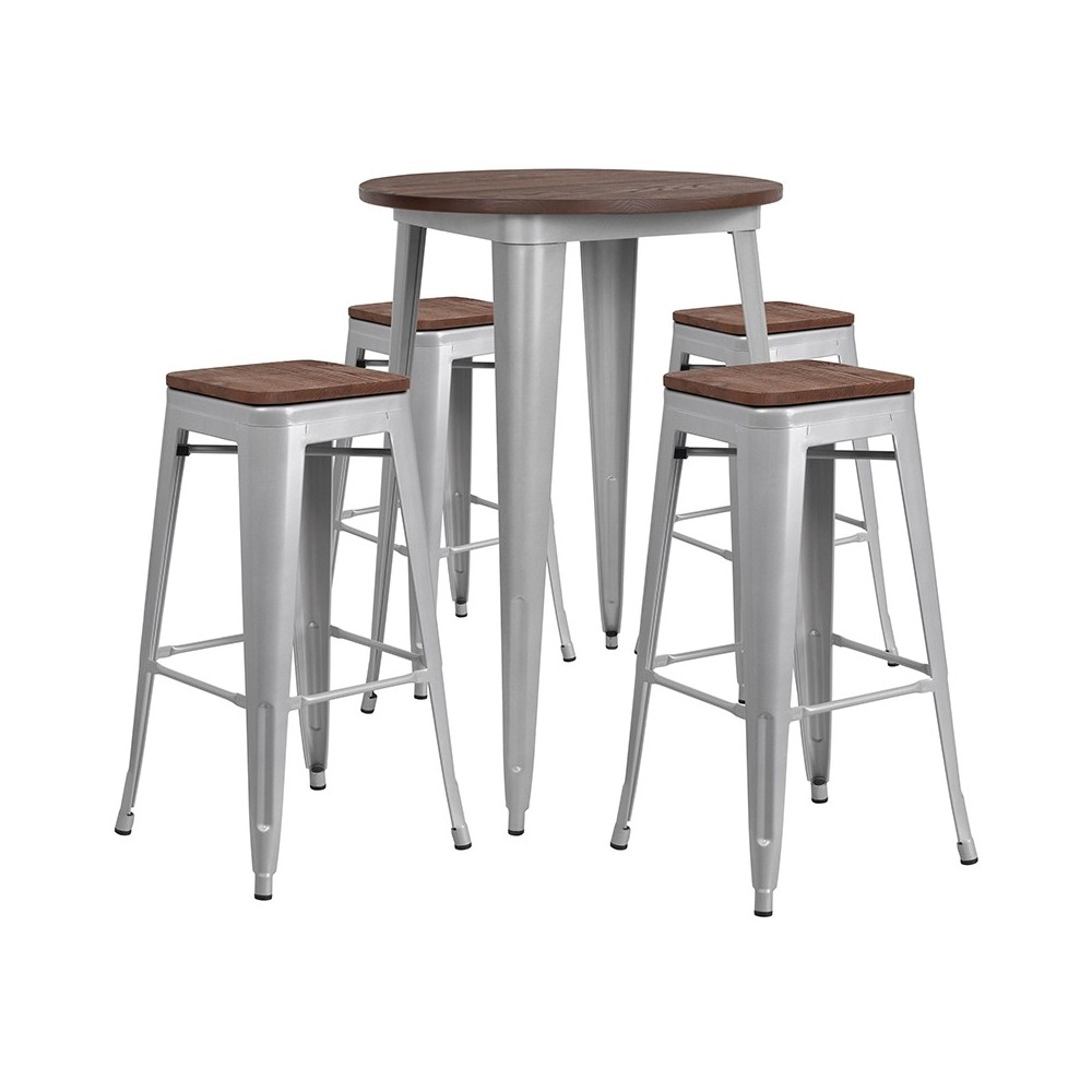 30" Round Silver Metal Bar Table Set with Wood Top and 4 Backless Stools 30" Round Silver Metal Bar Table Set with Wood Top and 4 Backless Stools