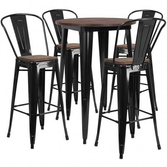 30" Round Black Metal Bar Table Set with Wood Top and 4 Stools