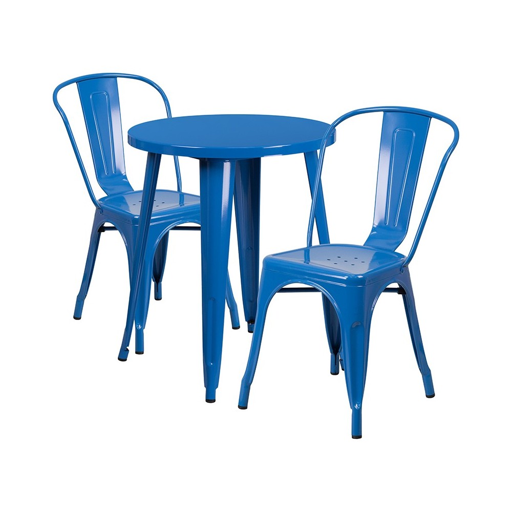 Commercial Grade 24" Round Blue Metal Indoor-Outdoor Table Set with 2 Cafe Chairs