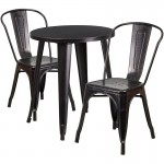 Commercial Grade 24" Round Black-Antique Gold Metal Indoor-Outdoor Table Set with 2 Cafe Chairs