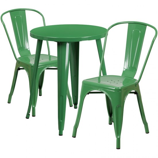 Commercial Grade 24" Round Green Metal Indoor-Outdoor Table Set with 2 Cafe Chairs