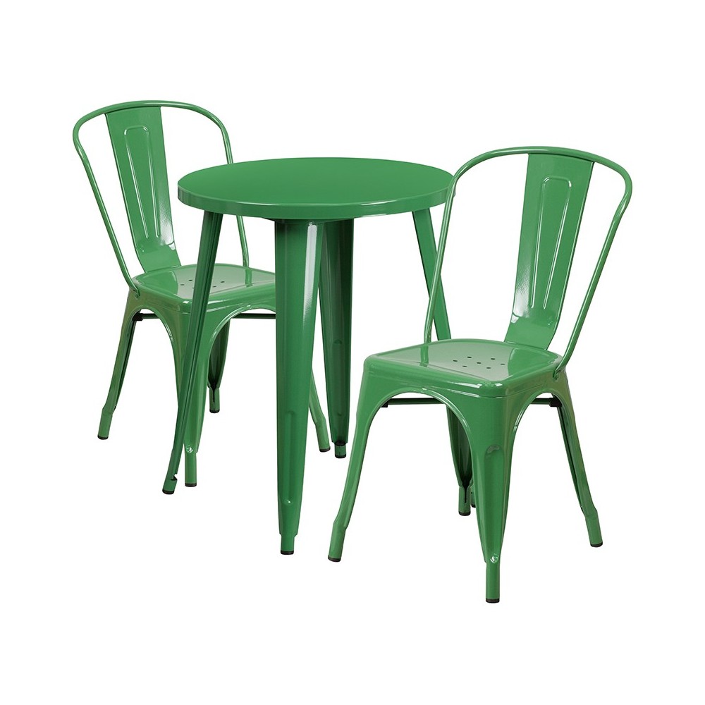 Commercial Grade 24" Round Green Metal Indoor-Outdoor Table Set with 2 Cafe Chairs