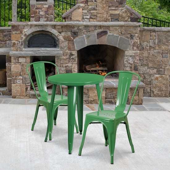 Commercial Grade 24" Round Green Metal Indoor-Outdoor Table Set with 2 Cafe Chairs