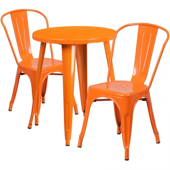 Commercial Grade 24" Round Orange Metal Indoor-Outdoor Table Set with 2 Cafe Chairs