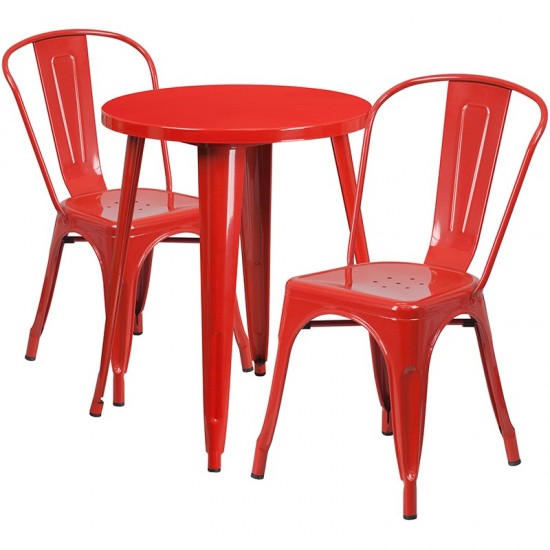 Commercial Grade 24" Round Red Metal Indoor-Outdoor Table Set with 2 Cafe Chairs