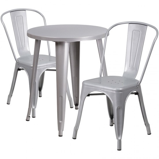 Commercial Grade 24" Round Silver Metal Indoor-Outdoor Table Set with 2 Cafe Chairs