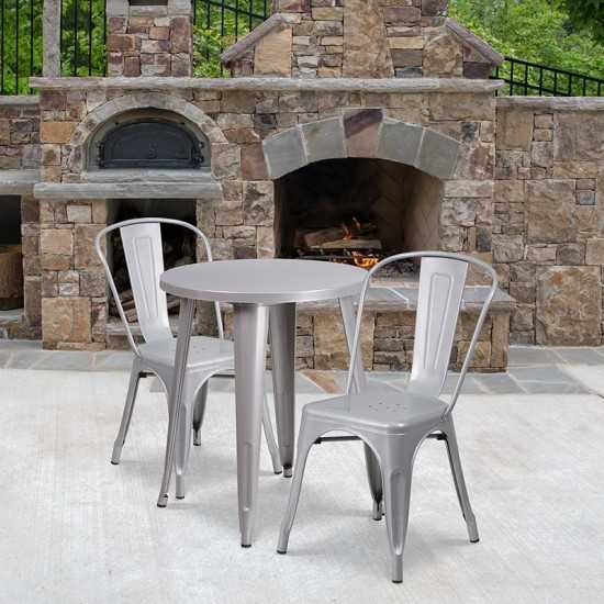 Commercial Grade 24" Round Silver Metal Indoor-Outdoor Table Set with 2 Cafe Chairs