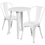 Commercial Grade 24" Round White Metal Indoor-Outdoor Table Set with 2 Cafe Chairs