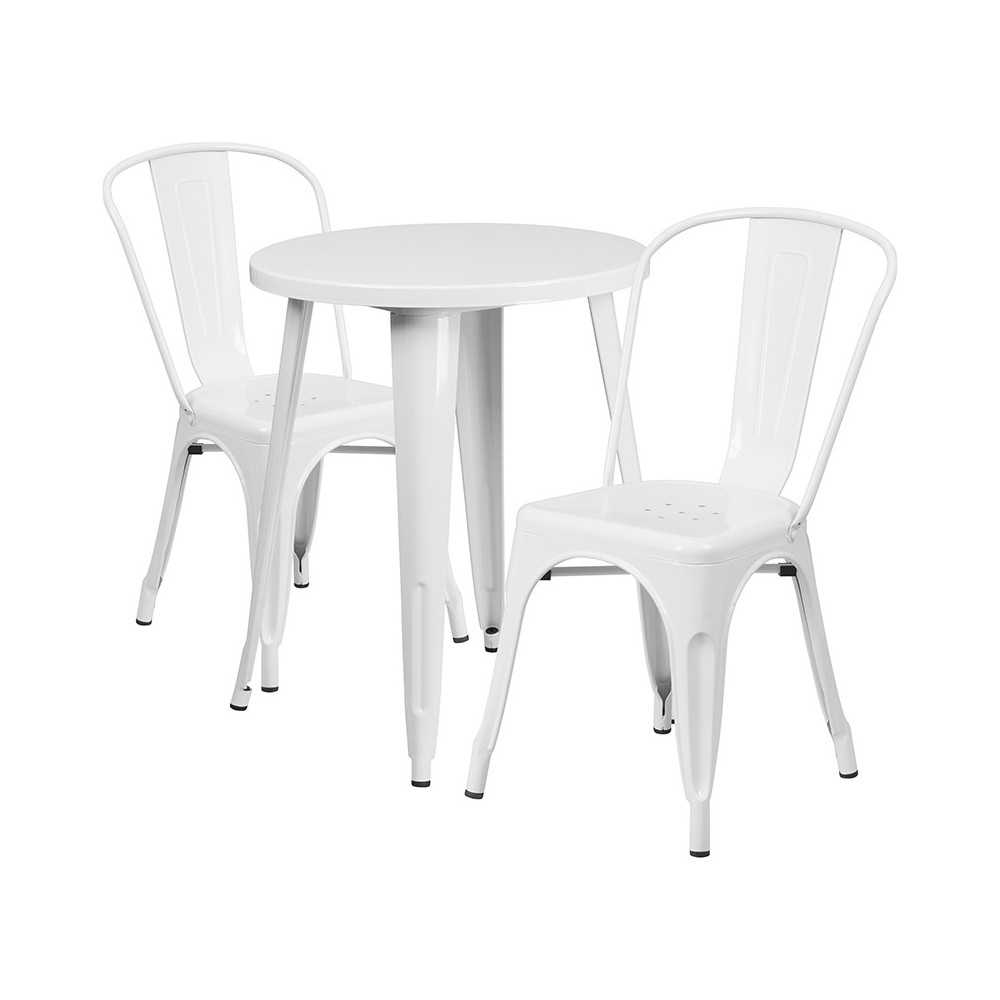 Commercial Grade 24" Round White Metal Indoor-Outdoor Table Set with 2 Cafe Chairs