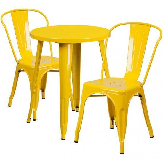 Commercial Grade 24" Round Yellow Metal Indoor-Outdoor Table Set with 2 Cafe Chairs