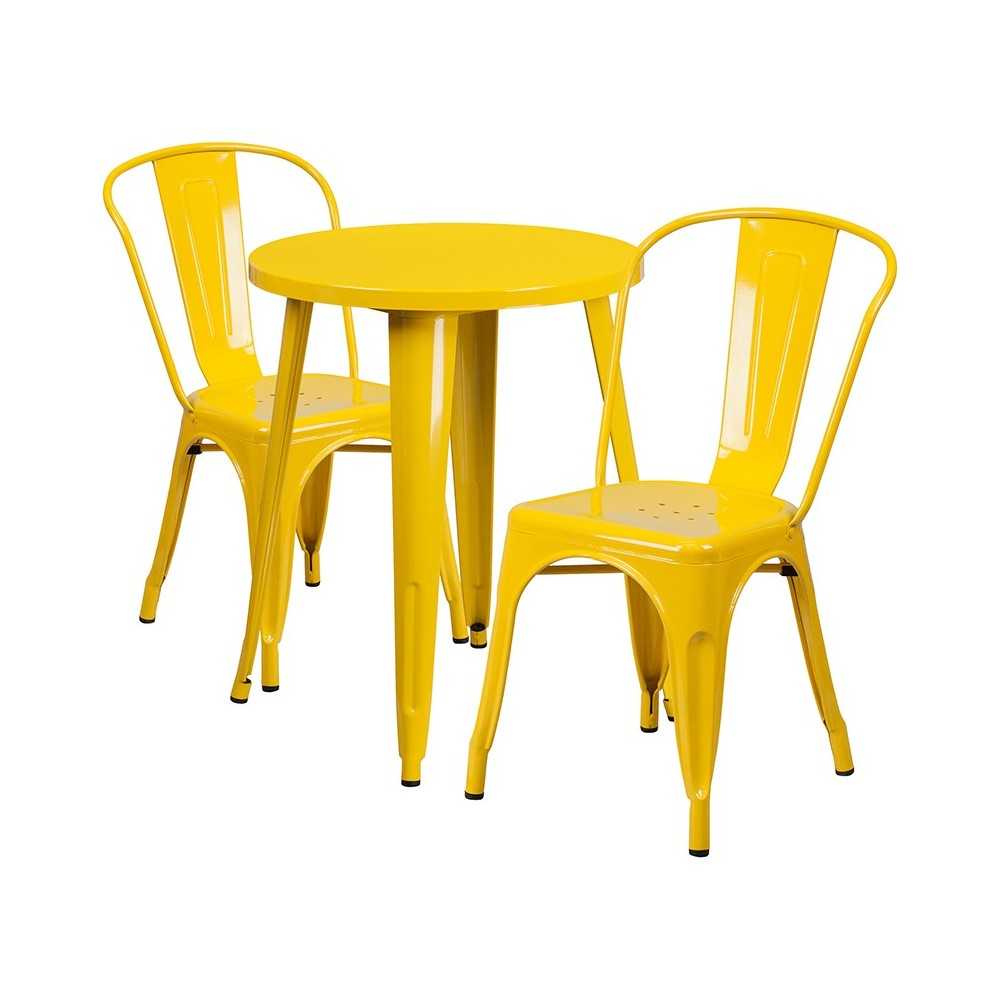 Commercial Grade 24" Round Yellow Metal Indoor-Outdoor Table Set with 2 Cafe Chairs