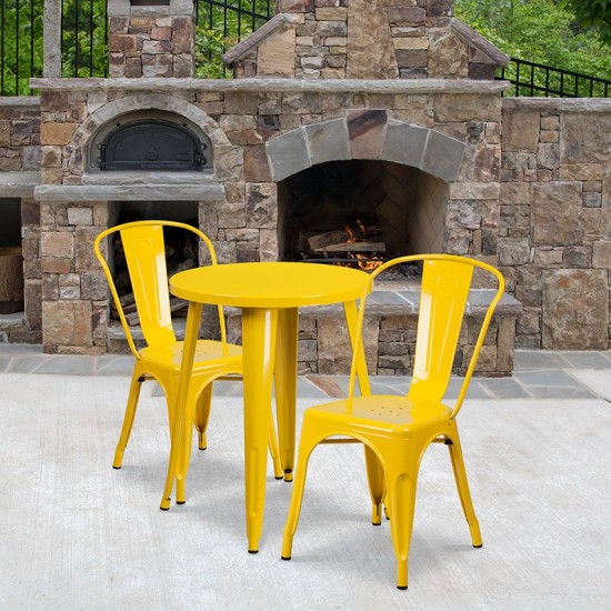 Commercial Grade 24" Round Yellow Metal Indoor-Outdoor Table Set with 2 Cafe Chairs