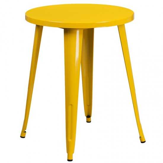 Commercial Grade 24" Round Yellow Metal Indoor-Outdoor Table Set with 2 Cafe Chairs