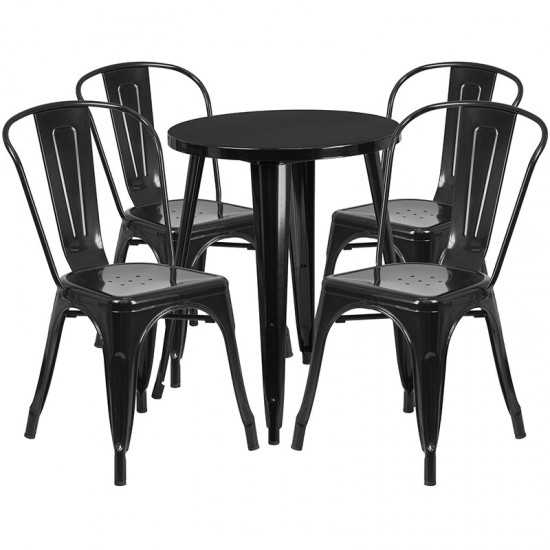 Commercial Grade 24" Round Black Metal Indoor-Outdoor Table Set with 4 Cafe Chairs