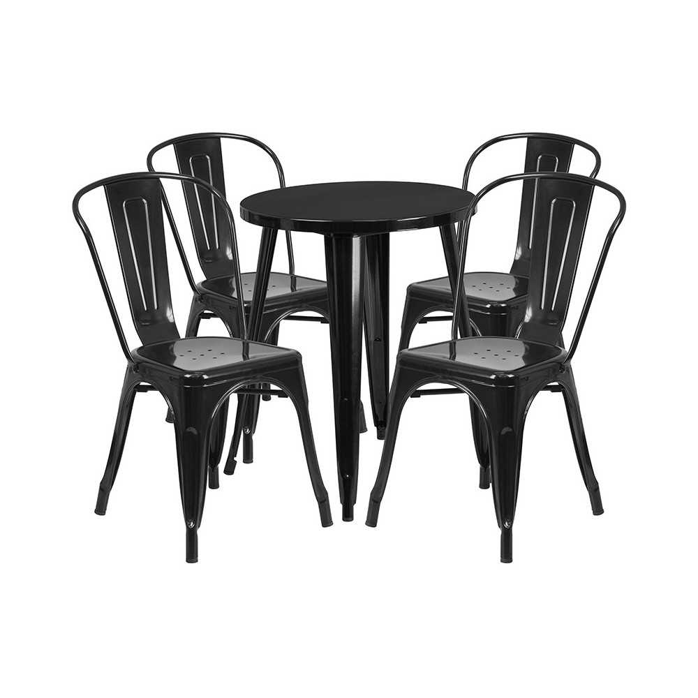 Commercial Grade 24" Round Black Metal Indoor-Outdoor Table Set with 4 Cafe Chairs Commercial Grade 24" Round Black Metal Indoor-Outdoor Table Set with 4 Cafe Chairs