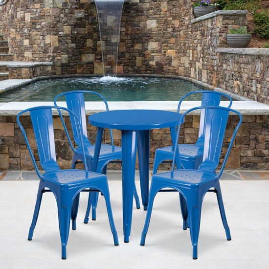 Commercial Grade 24" Round Blue Metal Indoor-Outdoor Table Set with 4 Cafe Chairs