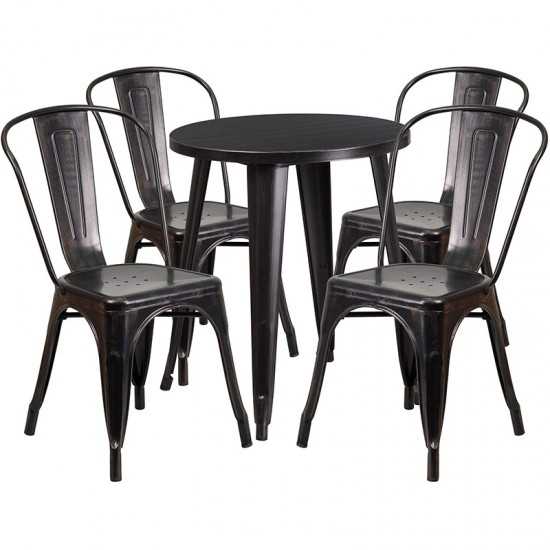 Commercial Grade 24" Round Black-Antique Gold Metal Indoor-Outdoor Table Set with 4 Cafe Chairs