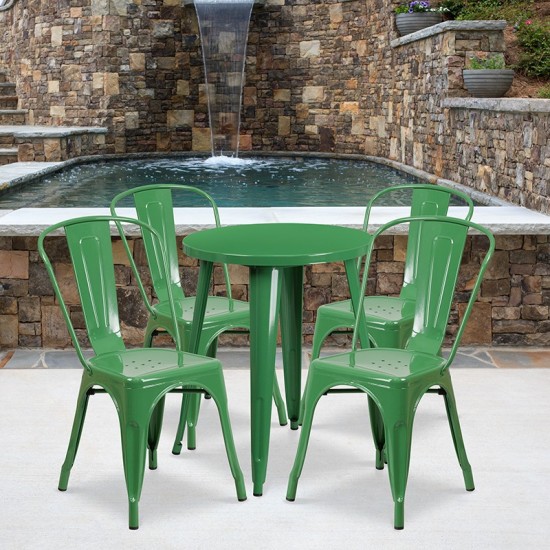 Commercial Grade 24" Round Green Metal Indoor-Outdoor Table Set with 4 Cafe Chairs