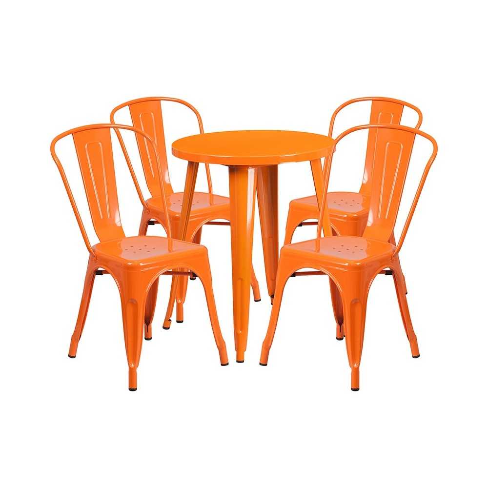 Commercial Grade 24" Round Orange Metal Indoor-Outdoor Table Set with 4 Cafe Chairs