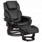 Contemporary Multi-Position Recliner and Ottoman with Swivel Mahogany Wood Base in Black LeatherSoft