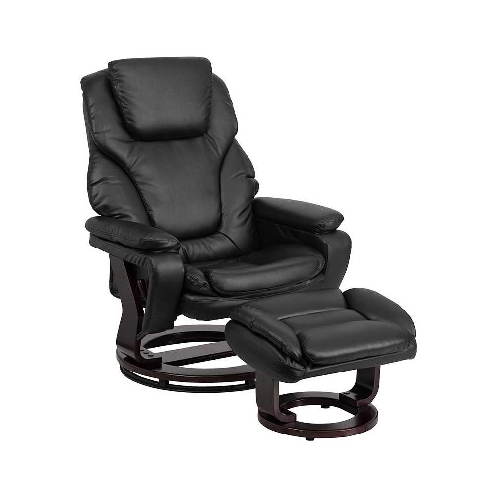 Contemporary Multi-Position Recliner and Ottoman with Swivel Mahogany Wood Base in Black LeatherSoft