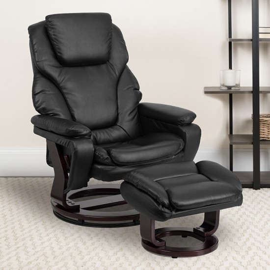 Contemporary Multi-Position Recliner and Ottoman with Swivel Mahogany Wood Base in Black LeatherSoft