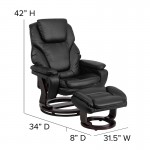 Contemporary Multi-Position Recliner and Ottoman with Swivel Mahogany Wood Base in Black LeatherSoft