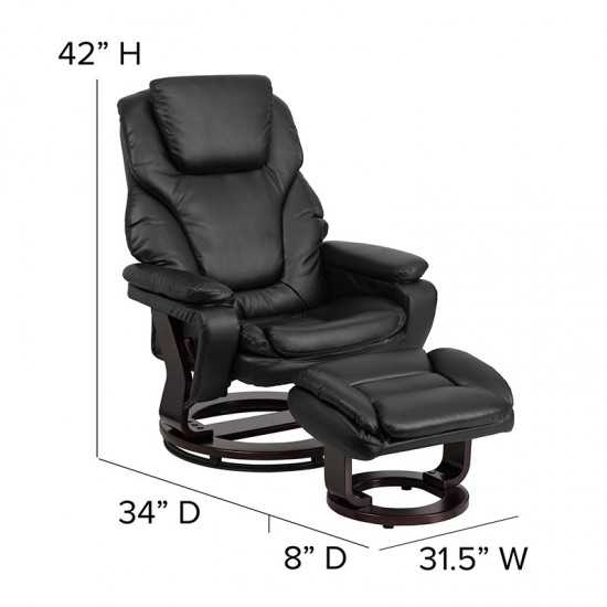 Contemporary Multi-Position Recliner and Ottoman with Swivel Mahogany Wood Base in Black LeatherSoft