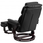 Contemporary Multi-Position Recliner and Ottoman with Swivel Mahogany Wood Base in Black LeatherSoft