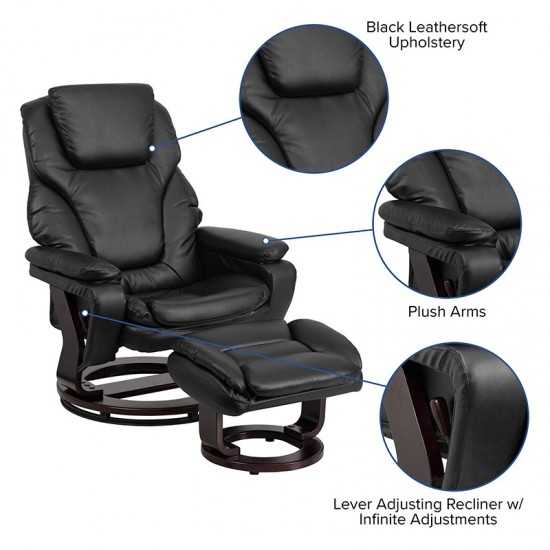 Contemporary Multi-Position Recliner and Ottoman with Swivel Mahogany Wood Base in Black LeatherSoft