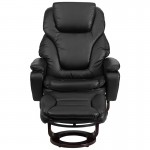 Contemporary Multi-Position Recliner and Ottoman with Swivel Mahogany Wood Base in Black LeatherSoft