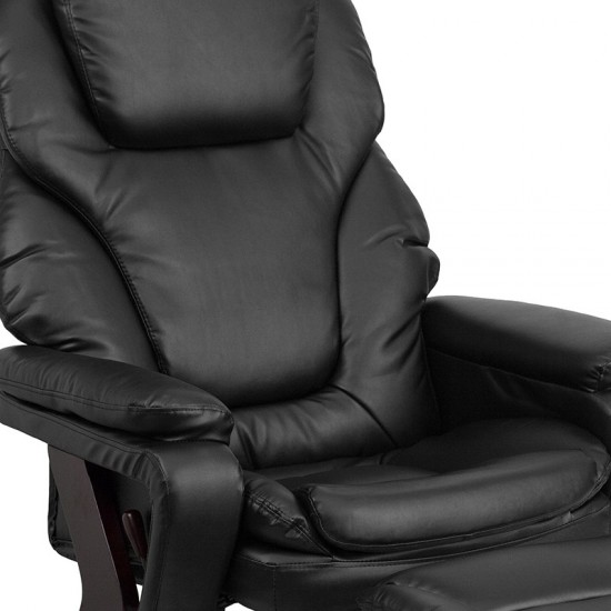 Contemporary Multi-Position Recliner and Ottoman with Swivel Mahogany Wood Base in Black LeatherSoft