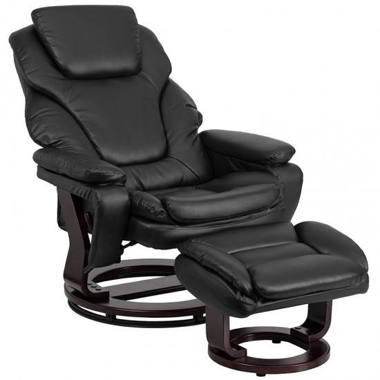 Contemporary Multi-Position Recliner and Ottoman with Swivel Mahogany Wood Base in Black LeatherSoft