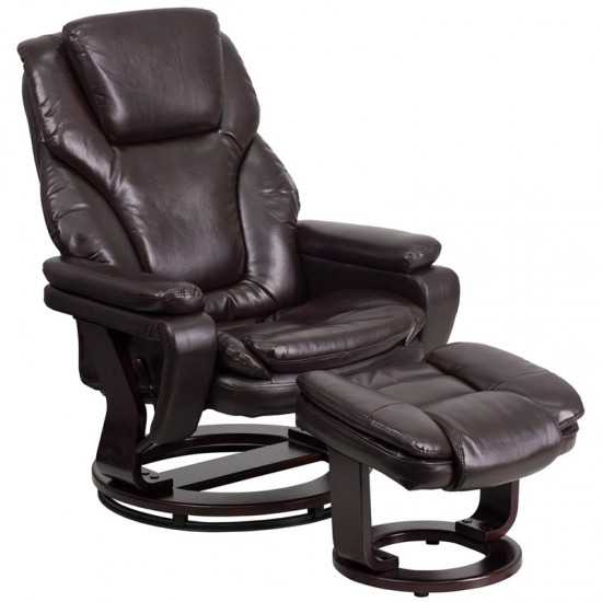 Contemporary Multi-Position Recliner and Ottoman with Swivel Mahogany Wood Base in Brown LeatherSoft