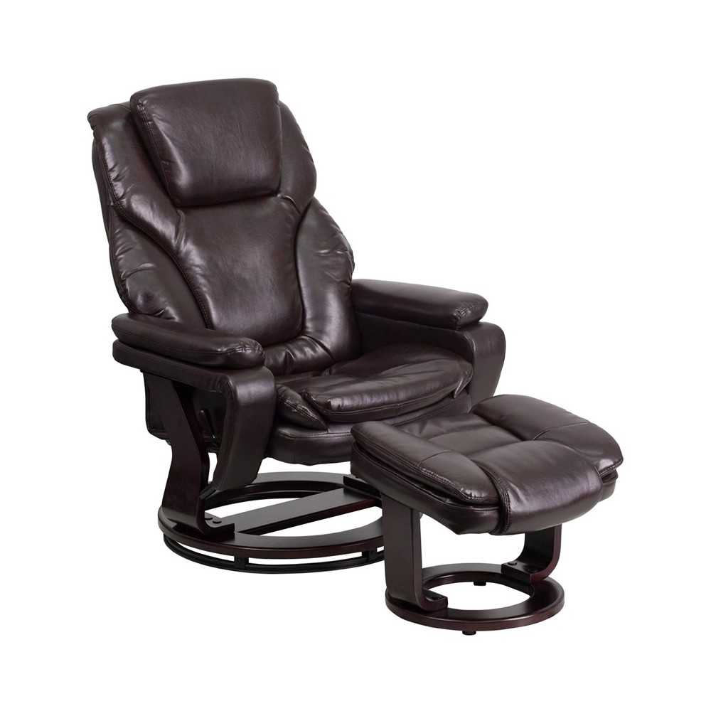 Contemporary Multi-Position Recliner and Ottoman with Swivel Mahogany Wood Base in Brown LeatherSoft