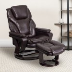 Contemporary Multi-Position Recliner and Ottoman with Swivel Mahogany Wood Base in Brown LeatherSoft