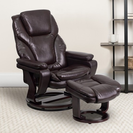 Contemporary Multi-Position Recliner and Ottoman with Swivel Mahogany Wood Base in Brown LeatherSoft