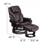 Contemporary Multi-Position Recliner and Ottoman with Swivel Mahogany Wood Base in Brown LeatherSoft