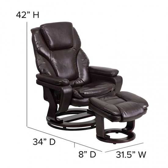 Contemporary Multi-Position Recliner and Ottoman with Swivel Mahogany Wood Base in Brown LeatherSoft