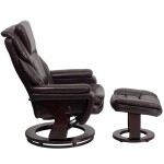 Contemporary Multi-Position Recliner and Ottoman with Swivel Mahogany Wood Base in Brown LeatherSoft