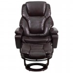 Contemporary Multi-Position Recliner and Ottoman with Swivel Mahogany Wood Base in Brown LeatherSoft