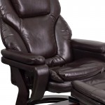 Contemporary Multi-Position Recliner and Ottoman with Swivel Mahogany Wood Base in Brown LeatherSoft