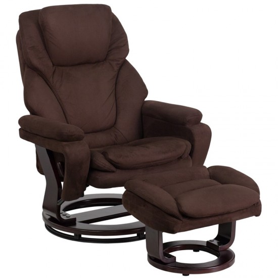 Contemporary Multi-Position Recliner and Ottoman with Swivel Mahogany Wood Base in Brown Microfiber