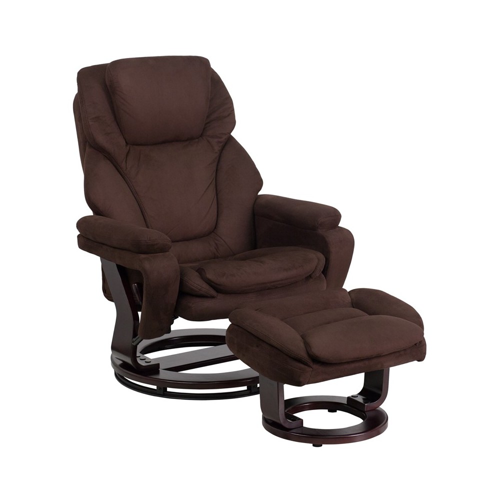 Contemporary Multi-Position Recliner and Ottoman with Swivel Mahogany Wood Base in Brown Microfiber