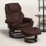 Contemporary Multi-Position Recliner and Ottoman with Swivel Mahogany Wood Base in Brown Microfiber