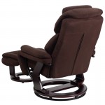 Contemporary Multi-Position Recliner and Ottoman with Swivel Mahogany Wood Base in Brown Microfiber