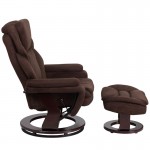 Contemporary Multi-Position Recliner and Ottoman with Swivel Mahogany Wood Base in Brown Microfiber